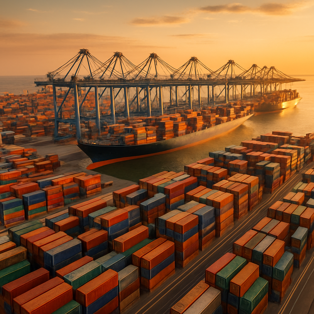 Aerial view of a container shipping port at golden hour