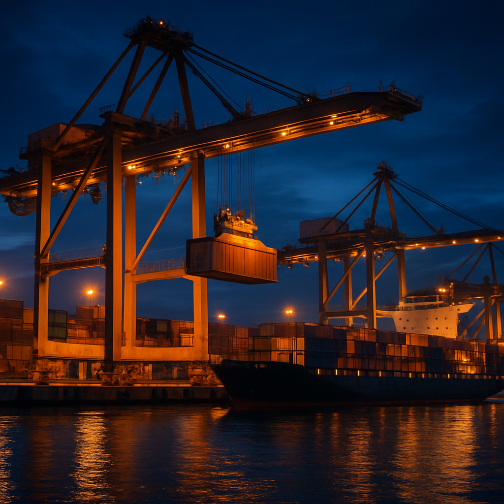 Port gantry cranes loading containers at twilight